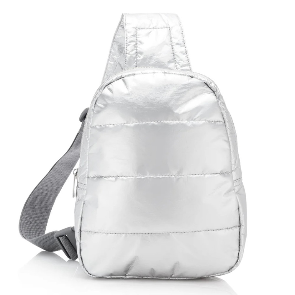 Modern Silver Quilted Sling Backpack for Women